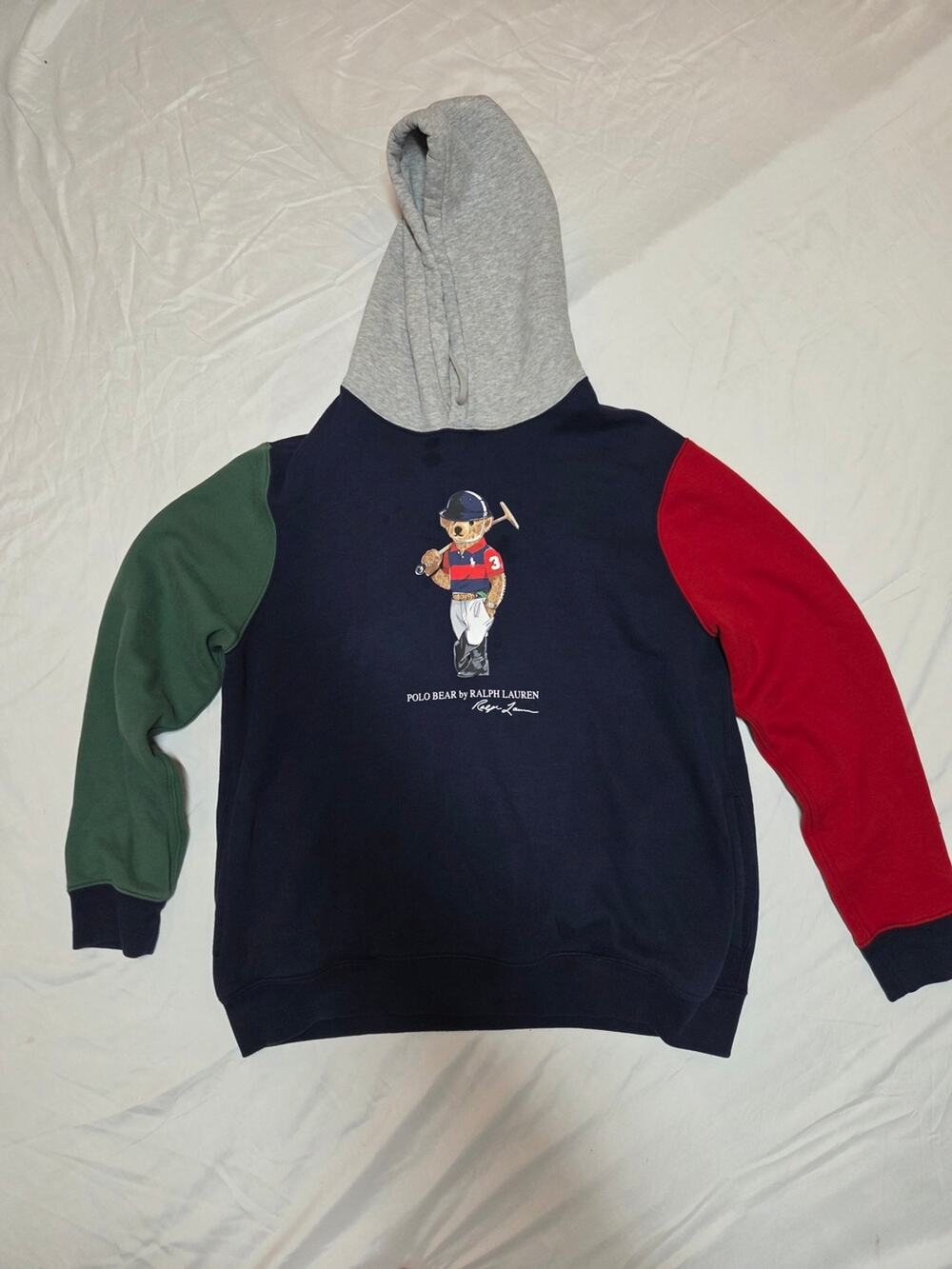 Polo by Ralph Lauren Navy Colorblock Crewneck Hoodie with Red & Green Sleeves XL